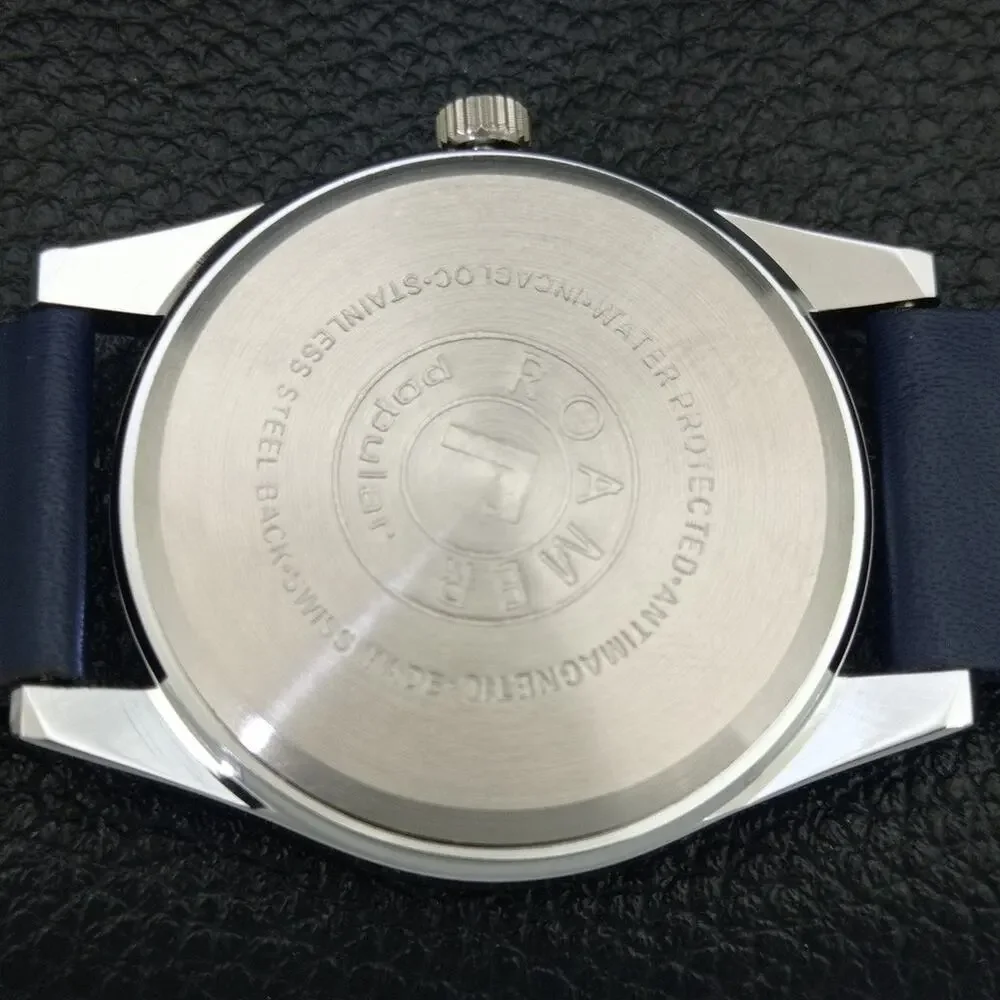 Vintage 1976 Roamer Manual Mens Silver Watch W/Leather Strap & Blue accents